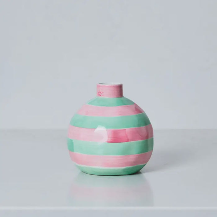 Round Bud Vase - Pink & Mint Green Stripe