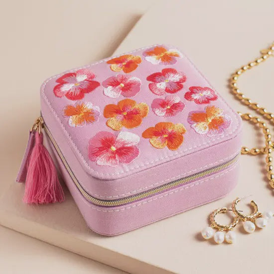 Jewellery Case - Flower Embroidered Travel Square