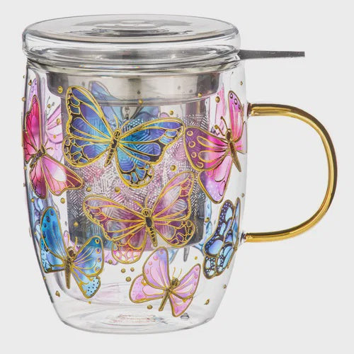 Natures Keepers Butterfly Double Walled Glass 3pc Infuser Mug