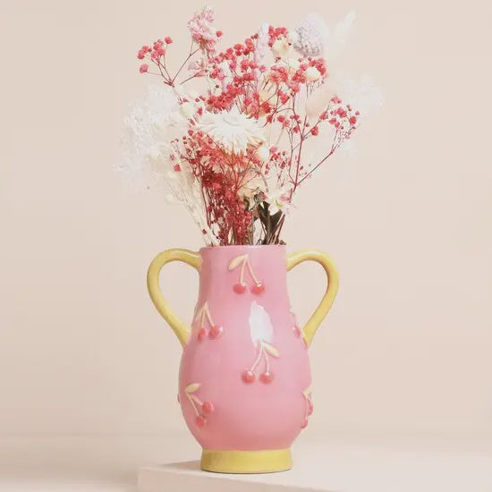 Pink and Yellow Embossed Cherry Ceramic Vase