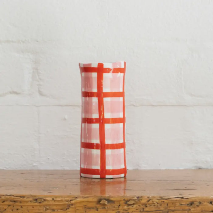 Small Pink and Red Gingham Vase