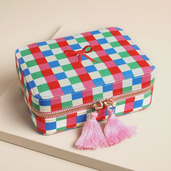Jewellery Case - Multi Bright Checkerboard Linen