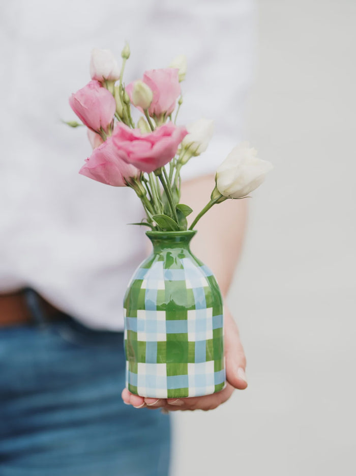 Bud Vase -Emerald & Cornflower Gingham