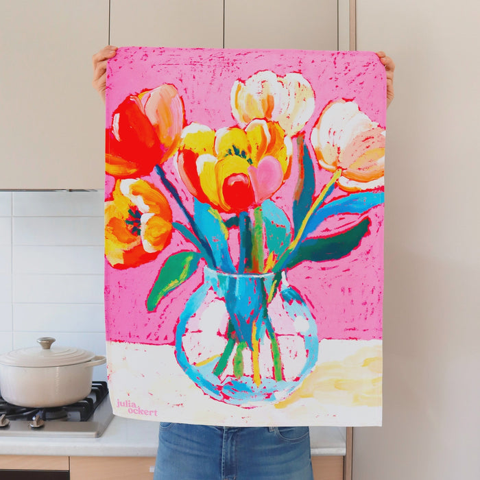Tea Towel - Flower Bouquet Tulips on Pink