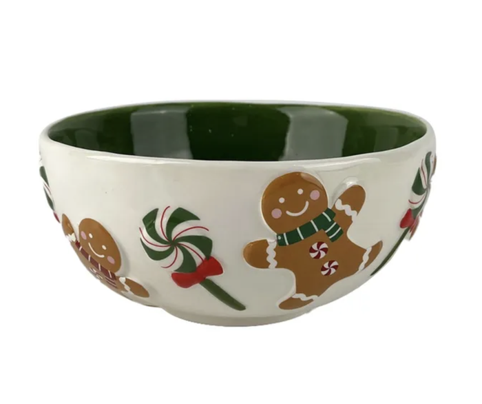 Gingerbread Ceramic Bowl – Green & White 15cm
