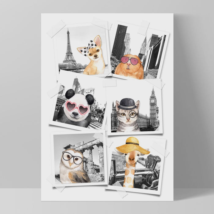 Print - Animal Vacation Selfies Collage Art Print A4