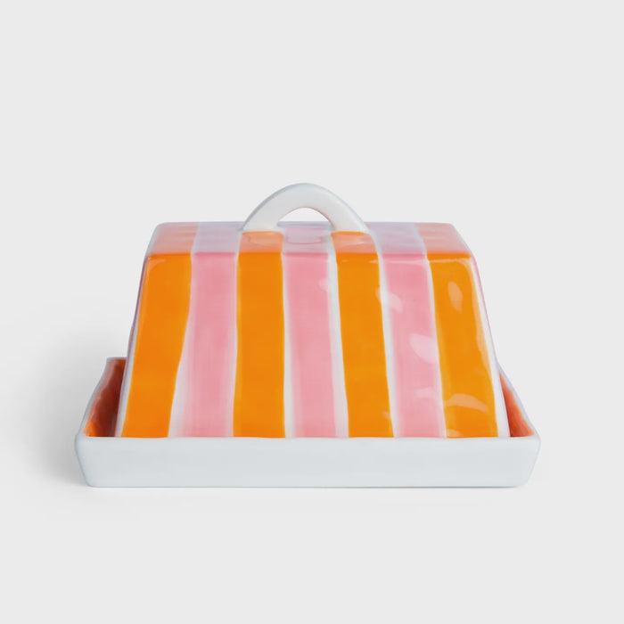 Large Butter Dish - Orange & Pink Stripe