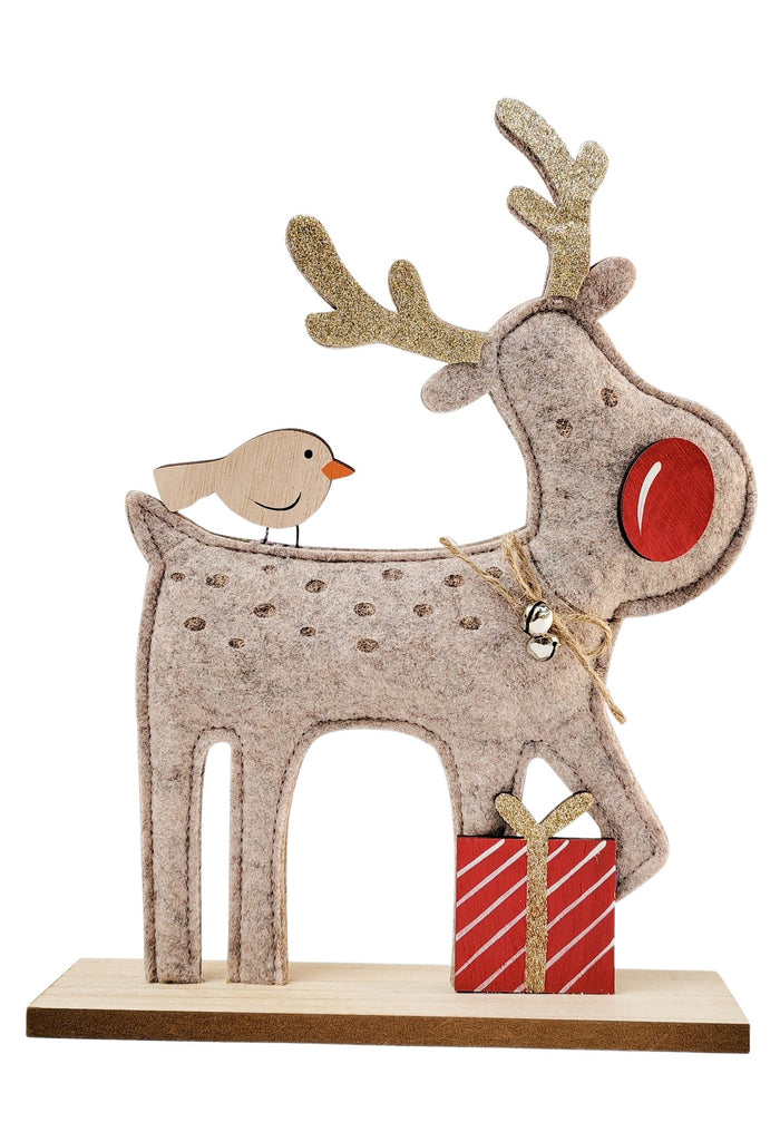 Felt Red Nosed Reindeer with Bird Standing Decoration