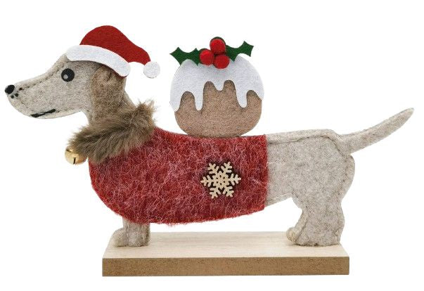 Felt Sausage Dog with Pudding Standing Decoration