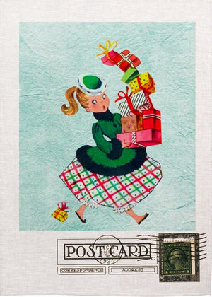 Lady With Presents Post Card Tea Towel