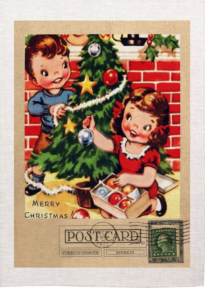 Boy and Girl Christmas Post Card Tea Towel