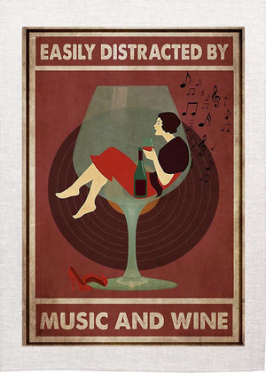 Easily Distracted by Music and Wine in Glass Tea Towel