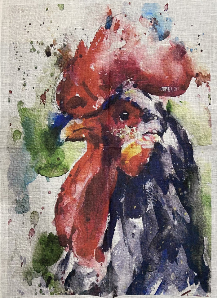 Red Rooster Water Colour Linen Tea Towel