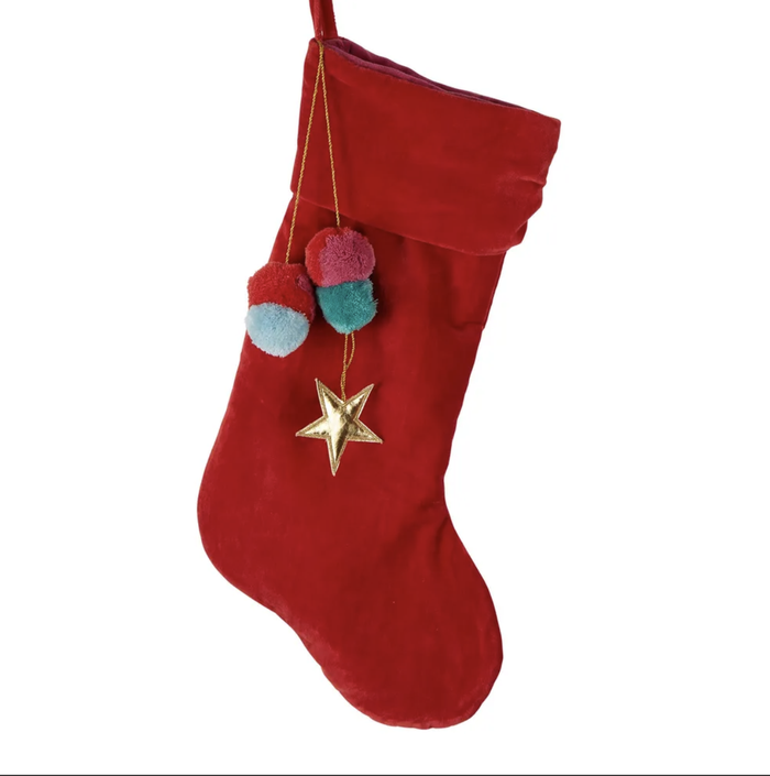 Velvet Pom Pom Christmas Stocking Assorted Colours