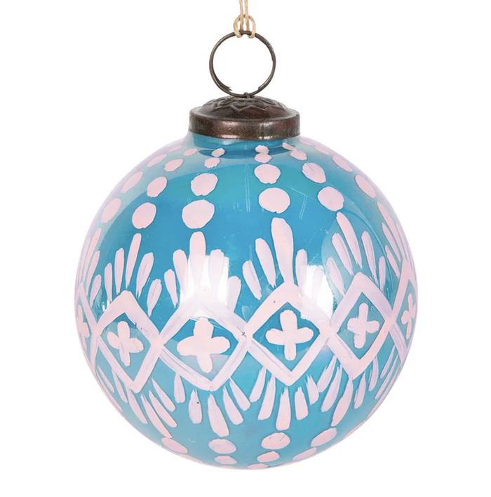 Azure Delight Hand Painted Glass Bauble Blue & Pink