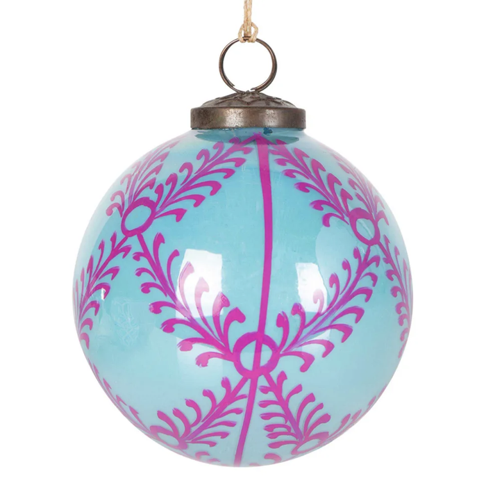 Boho Hand Painted Glass Bauble Blue & Pink