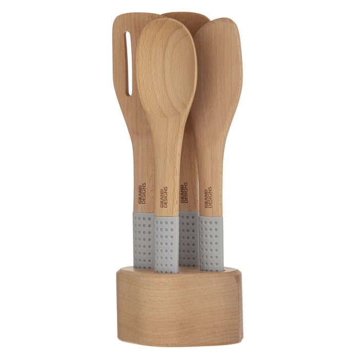 Grand Designs Kitchen  Cooking Utensils with Stand 5pce Natural/Grey