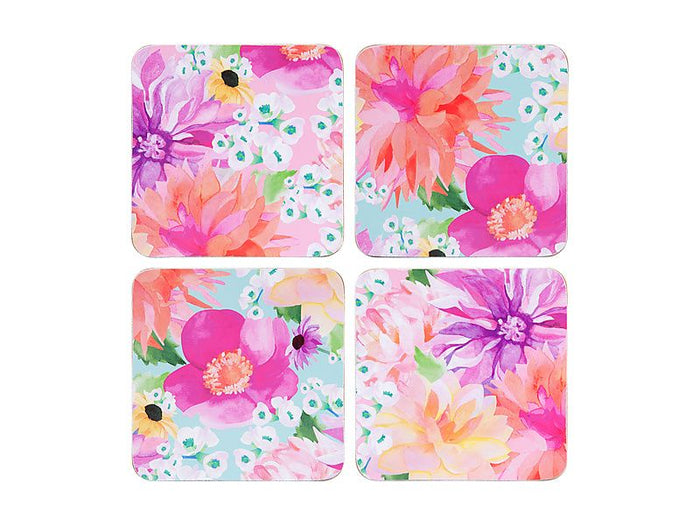 Teas & C's Dahlia Daze Cork Back Coaster Set of 4 10.5cm Assorted Gift Boxed