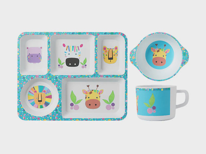 Kasey Rainbow Critters Children's Melamine 3pc Dinner Set Blue Gift Boxed