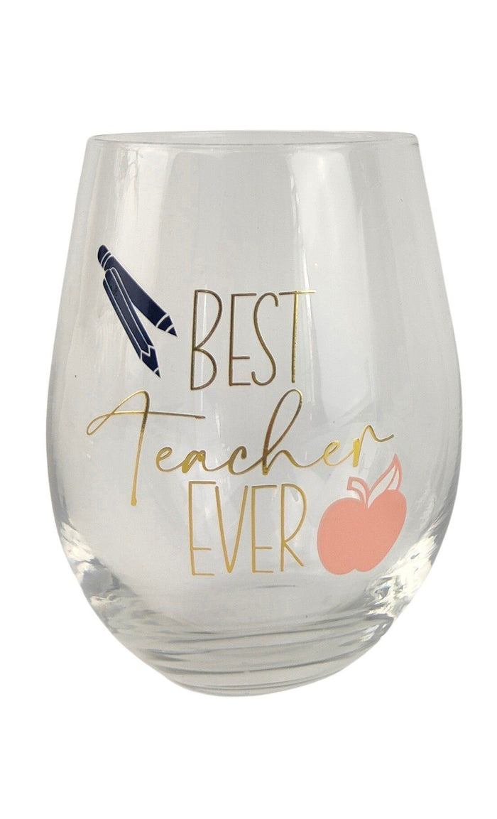 Best Teacher Ever Wine Glass Navy & Pink